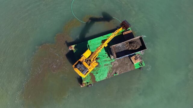 Top-down view of a floating dredging barge with yellow hydraulic excavator scooping sediment from the sea, splashing water, with dredged material loaded into an adjacent barge
