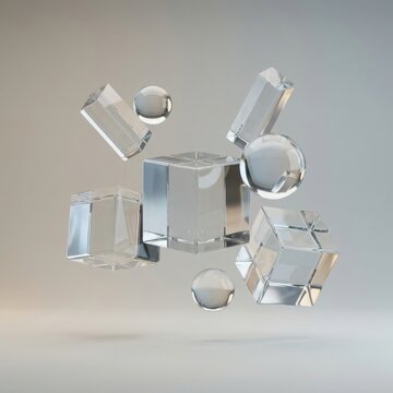 Floating transparent glass geometric shapes including cubes and spheres against a soft neutral backg