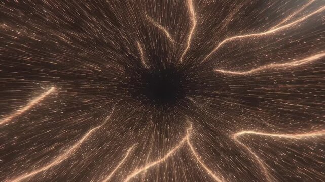 Golden light trails and sparks radiate through black space in an abstract style, suggesting speed, motion, and cosmic energy