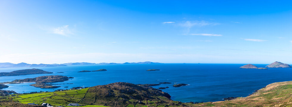 Panoramic view of Derrynane Bay from the Coomakesta Pass along the Ring of Kerry in County Kerry, Ireland