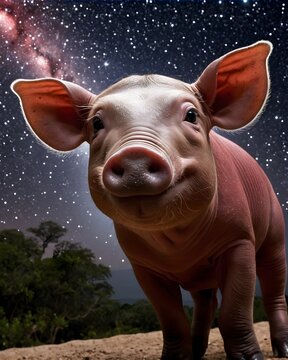 A red babirusa piglet  pig hybrid fictional species, digitally created animal, in a nebula terrace