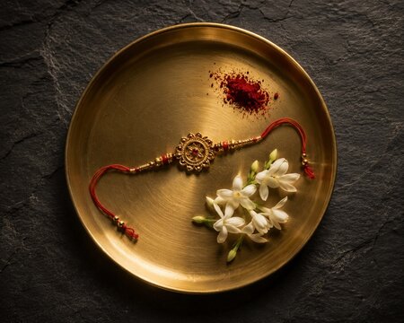 Traditional Rakhi with Kumkum Powder and Jasmine Flowers in Brass Thali Plate for Raksha Bandhan Festival