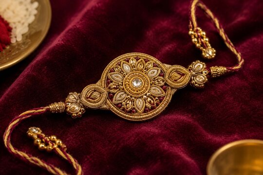 Traditional Decorative Gold Rakhi Thread on Red Velvet Background for Raksha Bandhan Festival