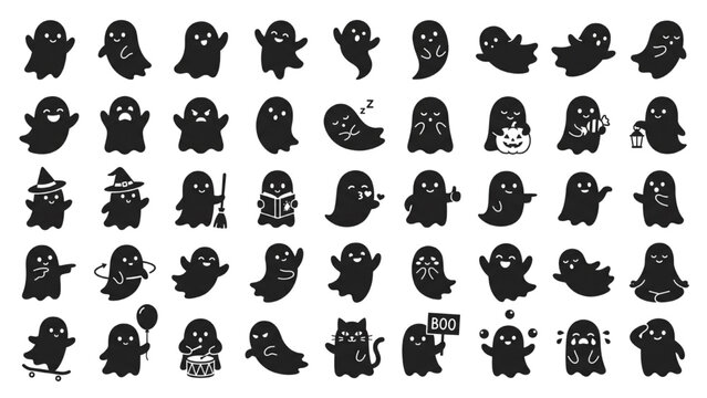 A collection of cute ghost illustrations in various poses and expressions, suitable for Halloween designs