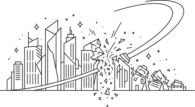  City destruction wrecking ball icon line art vector illustration featuring collapsing buildings urban demolition disaster concept