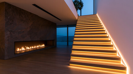 Fototapeta premium Modern luxury interior living room featuring a glowing wooden staircase with LED strip lights and a sleek contemporary gas fireplace in the wa
