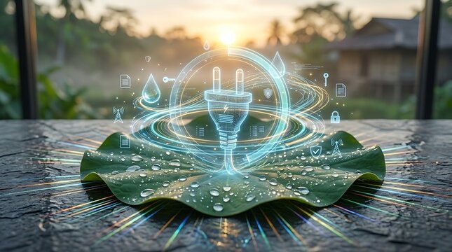 Futuristic green energy clean electricity and sustainable power conservation hologram with glowing electric power plug IoT smart grid telemetry on green lotus leaf at sunrise countryside concept