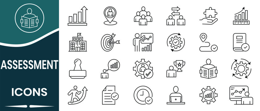 Editable stroke outline assessment icon vector set. Collection of evaluation, test, checklist, rating, assessment, analysis, plan, target, feedback and more.                                           