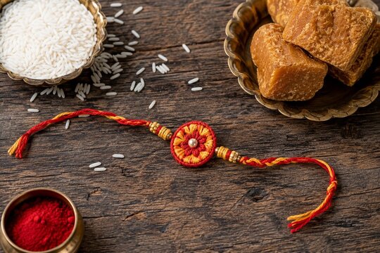 Traditional Decorative Rakhi Thread with Rice, Kumkum, and Jaggery for Raksha Bandhan Festival on Wooden Background , Raksha Bandhan Concept with Handmade Thread, Raw Rice, Kumkum Powder, and Jaggery 