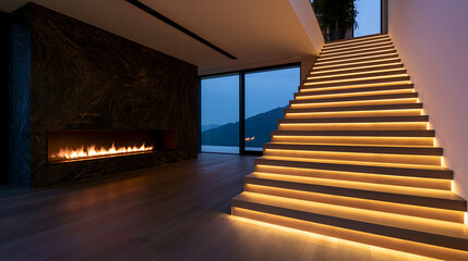 Fototapeta premium Modern luxury interior design with illuminated staircase steps, elegant wooden floors, marble fireplace wall, and stunning evening view outside