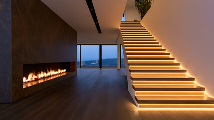 Fototapeta premium Modern luxury interior design with illuminated staircase, glowing linear fireplace, hardwood floor, panoramic window, and cozy evening atmosphere