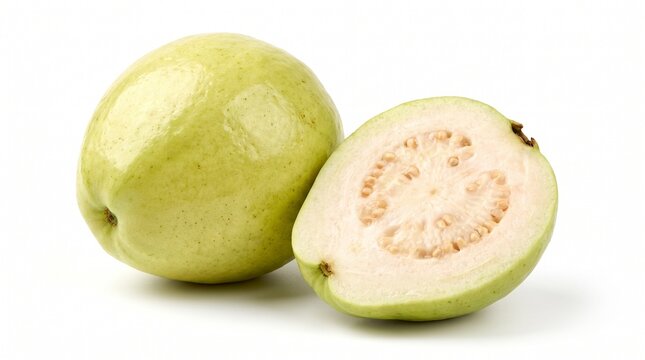 A whole fresh green guava fruit and a sliced half showing seeds isolated on a white background