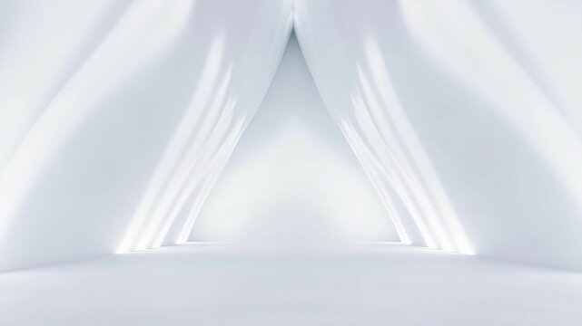 Abstract minimalist white interior with flowing fabric-like forms, soft light, and a seamless pale background, conveying calm and purity