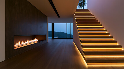 Fototapeta premium Modern luxury interior design featuring sleek floating staircase with warm led strip light illumination and linear fireplace in spacious hall