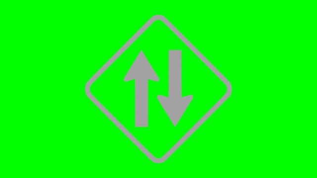 two way traffic sign animation featuring vertical arrows, black graphic style, flashing white illumination effect, and isolated on a green screen chroma key background