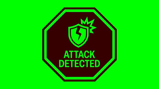 animated octagonal attack detected warning sign with red flashing illumination and green screen background for cyber security projects
