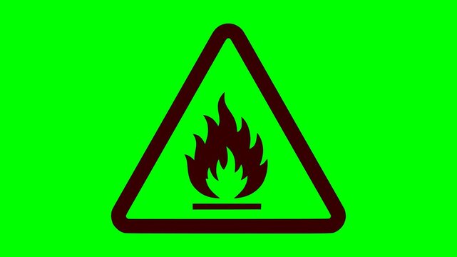 animated triangle warning sign indicating flammable material with a solid black outline, interior fire symbol, and a flashing red light effect over a solid green screen background