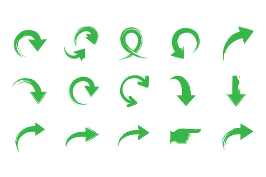 Set of green brush stroke arrows and refresh symbols, providing essential design elements for website navigation and ui ux design.