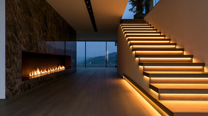 Fototapeta premium Modern luxury interior design with illuminated staircase step light, linear fireplace flame wall feature, and panoramic window view at night