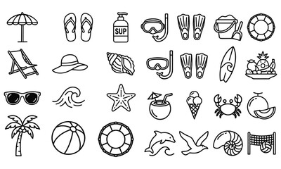 Fototapeta premium Summer Beach Line Icon Set Featuring Vacation Travel Symbols and Ocean Elements