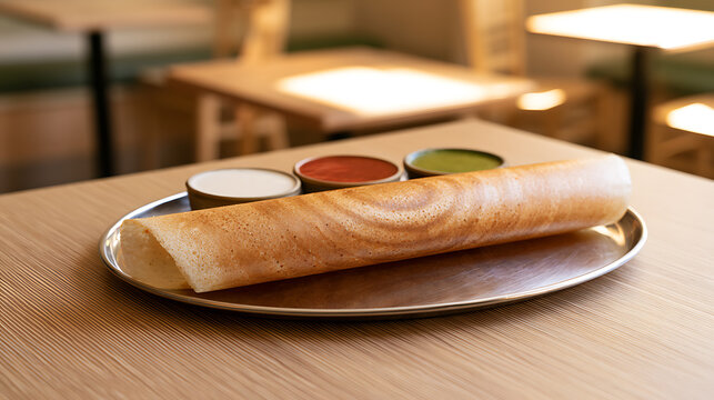 A crispy golden south indian masal dosa served on a metal plate with three varieties of chutneys on a wooden restaurant table background