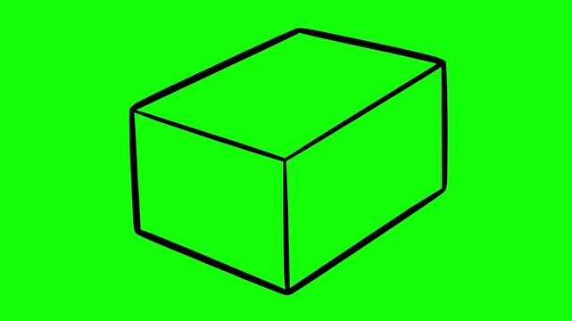 isometric 3D rectangle box animation with black fill and line boil effect on green screen chroma key background. Perfect for motion graphics, tech explainers, and video editing projects