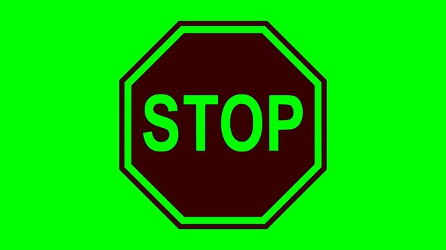 stop sign icon with blinking red light and black fill on a green screen chroma key background. Perfect for safety alerts, traffic control, and warning motion graphics