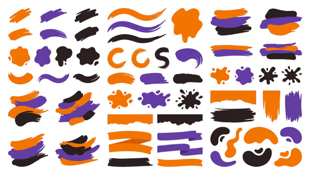 Collection of colorful brush strokes, paint splashes, and abstract shapes in orange, purple, and black