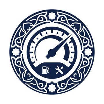 Vintage automotive speedometer icon, ornate circular car dashboard gauge, navy blue mechanical repair service emblem