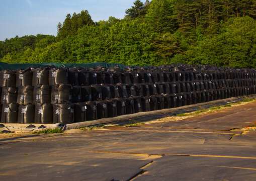 Bags of radioactive waste during radioactive decontamination process after the daiichi nuclear power plant irradiation, Fukushima prefecture, Iitate, Japan