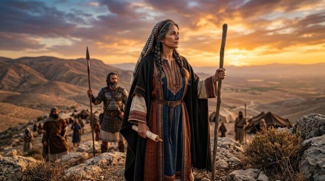 Ancient Israelite judge: Deborah guide, Lapidoph wife, Israel leader, Devorah counsel, female prophetess, desert landscape, sacred scroll, divine wisdom, old testament, biblical heroine.