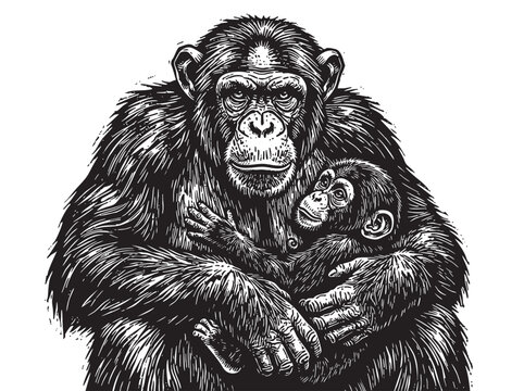 Vintage chimpanzee holding baby illustration, detailed sketch, black and white line drawing, engraving style, wildlife etching, monkey portrait