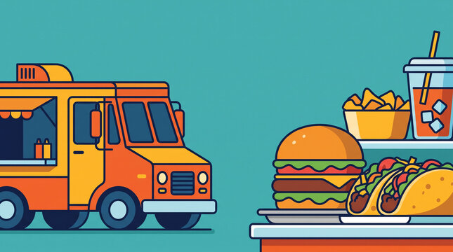 Fast food truck with burger taco drink and snack on service counter vector illustration street food mobile kitchen hamburger restaurant delicious illustration commercial business festival