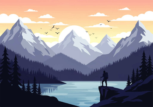 Vector flat design ilustration of a hiker looking at snowy mountains and lake landscape