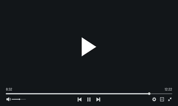 Dark user interface for a video player with play button pause button timeline progress bar volume control settings icon and closed caption symbol on black screen.