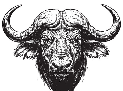 Vintage African buffalo head vector illustration. Grayscale sketch with large curved horns, detailed fur texture and portrait view. Classic engraving style tattoo design for logos, patches