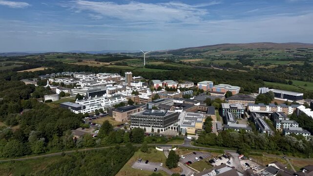 Aerial Drone view of Lancaster University Campus and countryside. Orbit Shot