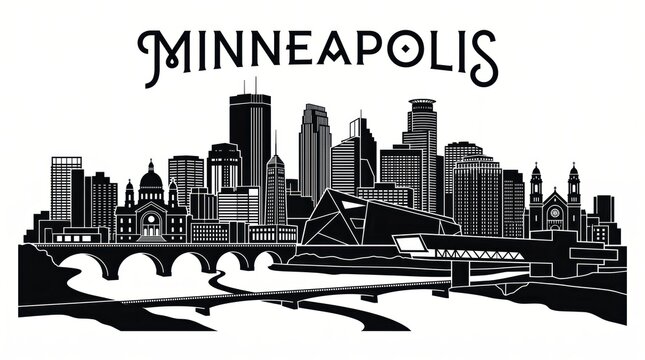 Highly detailed Minneapolis, Minnesota skyline silhouette featuring IDS Center, Foshay Tower, Stone Arch Bridge, Guthrie Theater-inspired architecture, Mississippi River