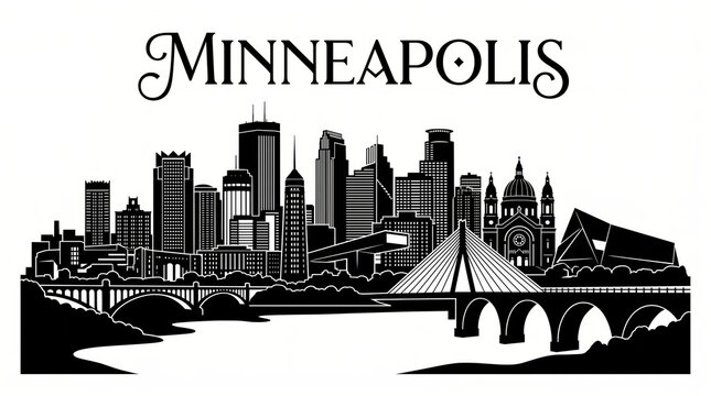 Highly detailed Minneapolis, Minnesota skyline silhouette featuring IDS Center, Foshay Tower, Stone Arch Bridge, Guthrie Theater-inspired architecture, Mississippi River