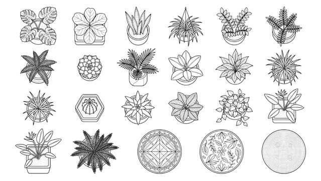A collection of top-down illustrations of various potted plants and floral patterns. Each plant is depicted with distinct leaf shapes and some are housed in decorative pots.