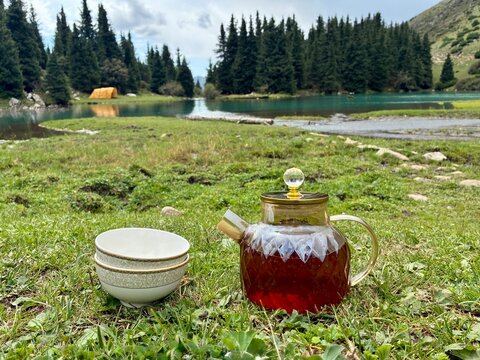 Traditional Kyrgyz tea pot with two cups on the grass with beautiful lake background in Issyk Kul area of Kyrgyzstan