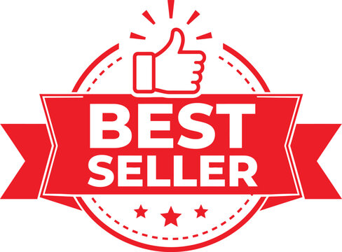 Best seller red ribbon badge with thumbs up icon and stars for product recognition.