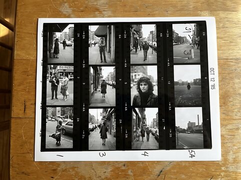 Vintage black and white film photography contact sheet containing street portraits on wooden background