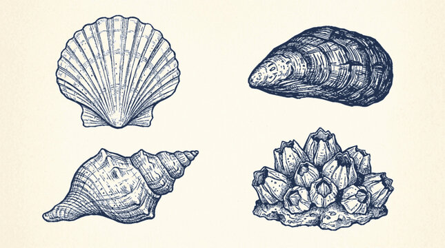 Detailed hand drawn marine shell collection featuring scallop mussel spiral snail and clustered barnacles nautical illustration set