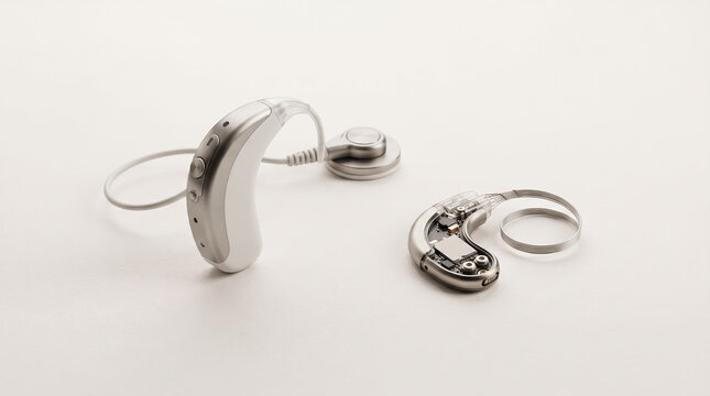 Modern cochlear implant processor alongside disassembled internal electronic hearing device components captured on clean white studio background showing advanced medical microchip circuitry and sleek 