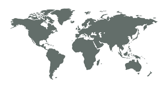 World map vector with gray continent silhouettes, clean transparent background  