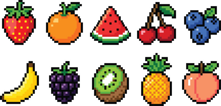 Pixel art fruit icons set, retro video game style vector illustration with strawberry, orange, and pineapple.