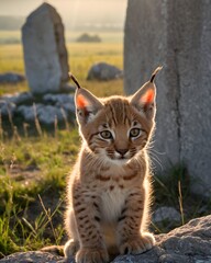 Naklejka premium A Balkan lynx genetic hybrid experiment fantasy animal, fictional species in a monolith field