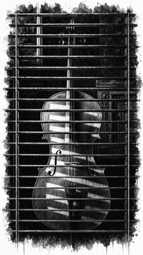Cello Through Blinds Watercolor Ink Wash Monochrome Art