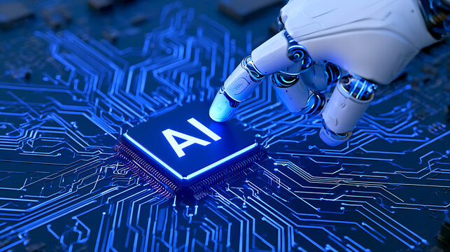 A futuristic robot hand touches an artificial intelligence processor chip on a glowing blue circuit board symbolizing innovation and digital fut